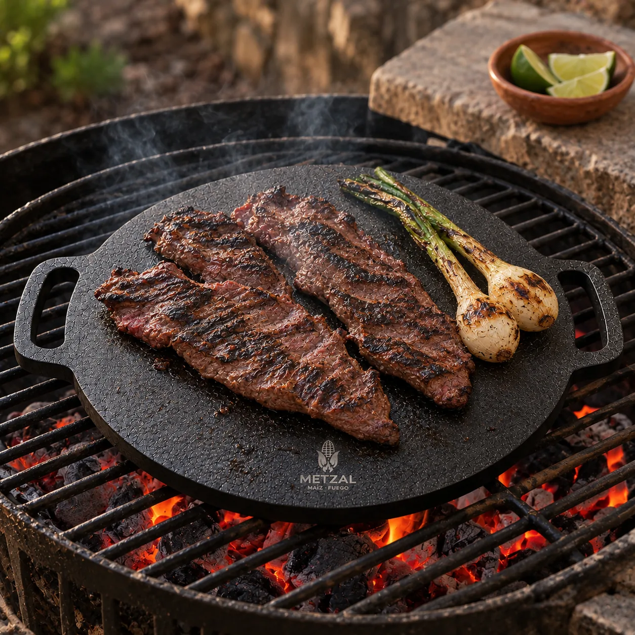 Arrachera sellándose en el comal METZAL sobre carbón