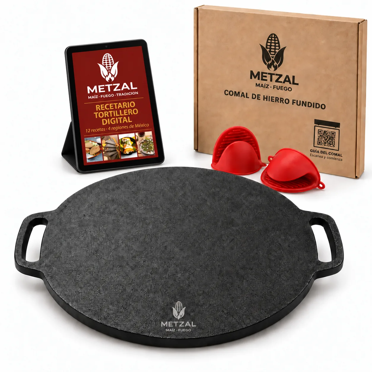 Comal METZAL con su caja y los mangos de silicón