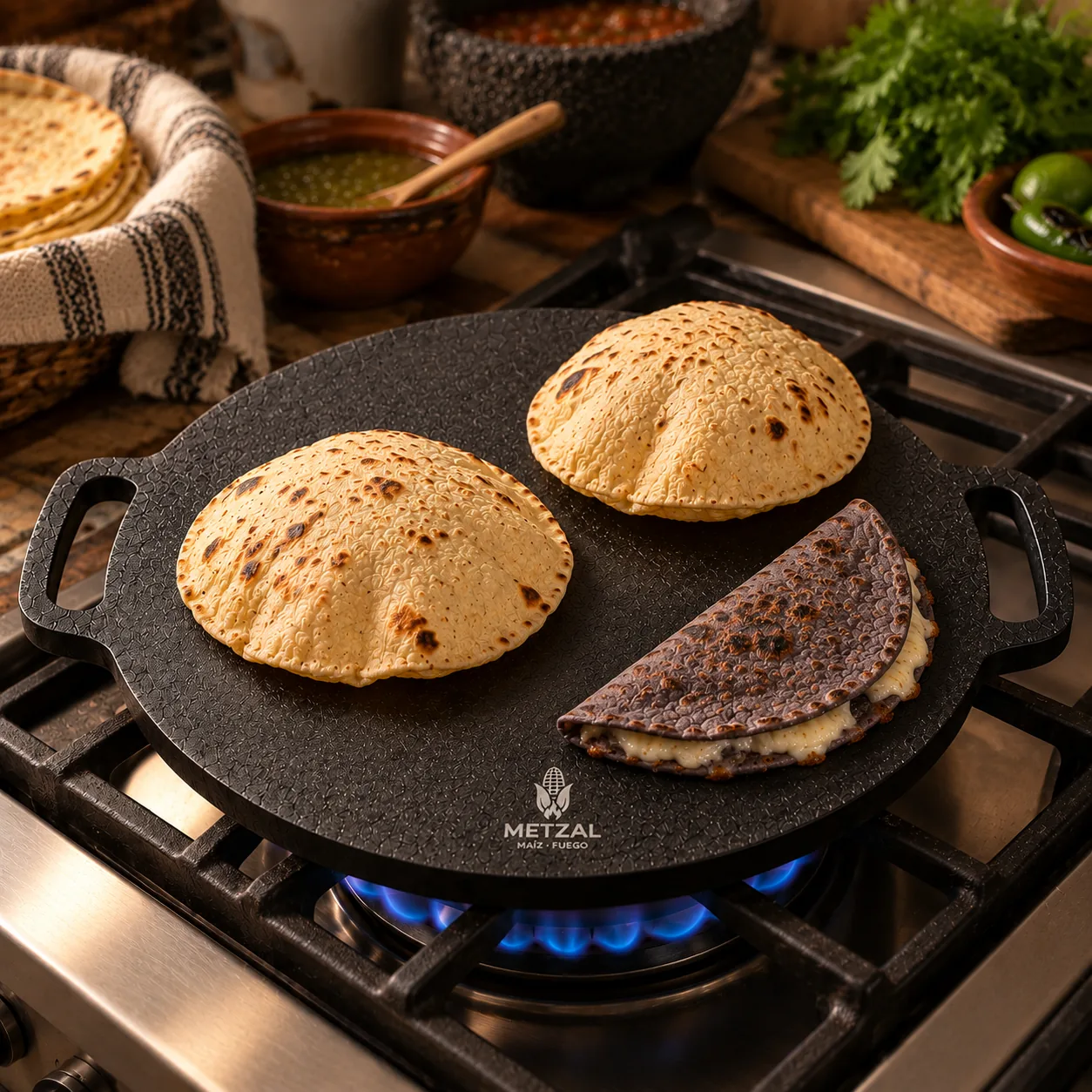 Tortillas infladas y una quesadilla en el comal METZAL