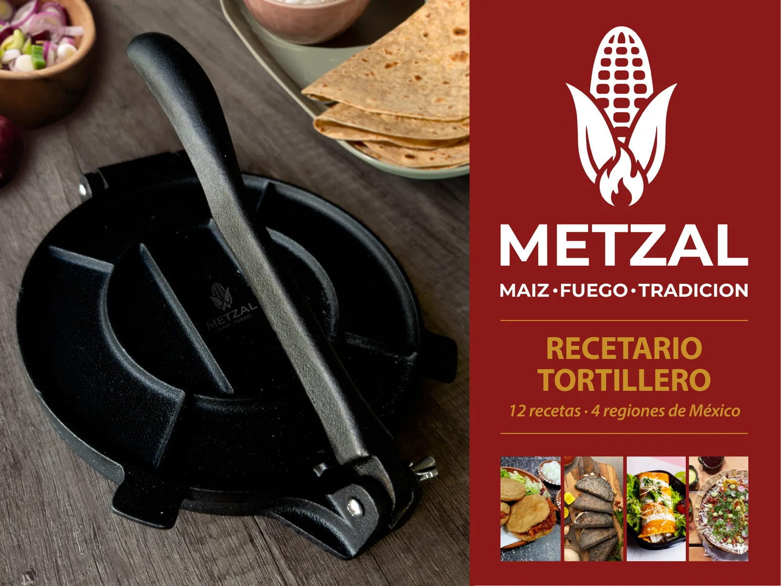 Portada del Recetario Tortillero METZAL junto a la prensa